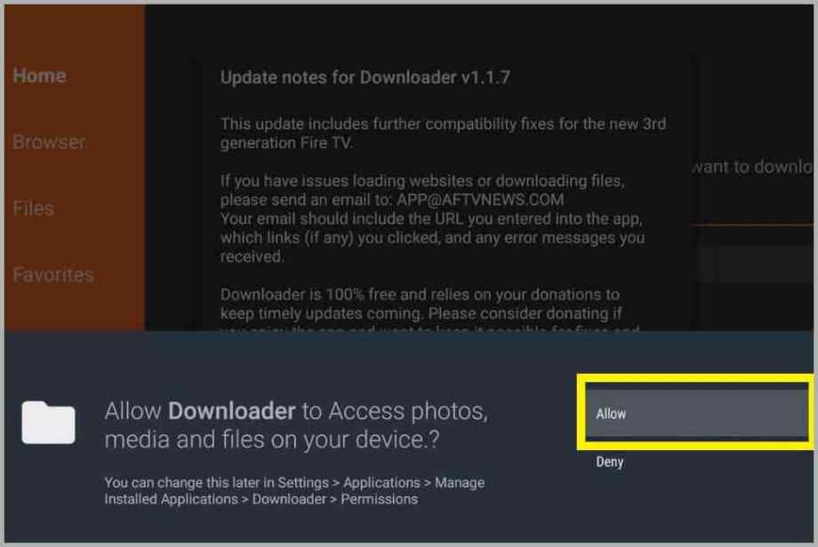 command to allow access for the downloader application to your media files