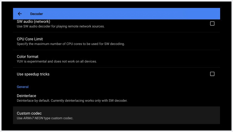 custom codec option in the settings menu