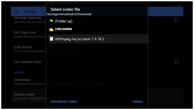 selecting the newly installed codec file