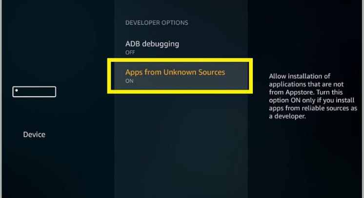 turning on Apps from unknown sources to install catmouse apk on firestick